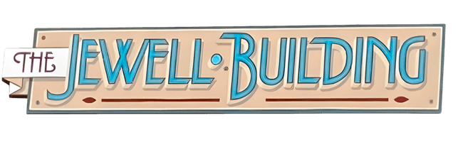 A sign that says "The Jewell Building" in blue and brown.